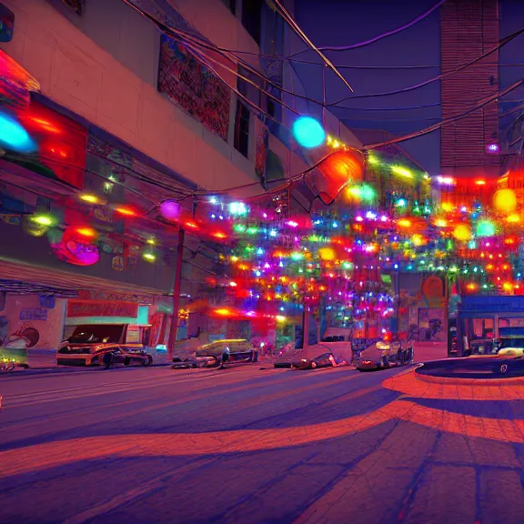 Image similar to Downtown Mexico, string lights, colorful lighting, night, realism, intricate abstract, ((gta 5 screenshot house)), by Tooth Wu, by Lienzo Óleo Paisaje, by Greg Rutkowski