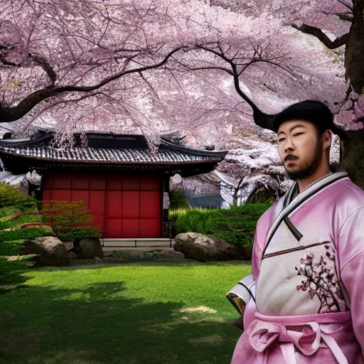 Prompt: hyperrealistic painting of a highly detailed photorealistical samurai, standing in front of traditional Japanese hut, cherry blossom trees outside, Feng Shui Style, cinematic concept art, art station, award winning art, 8k, octane render, unreal engine 5