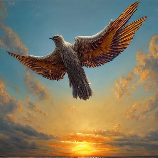 Image similar to a job offer with wings, flapping its wings flying in sunset sky, oil on canvas, portrait, intricate, 8k highly professionally detailed, HDR, CGsociety