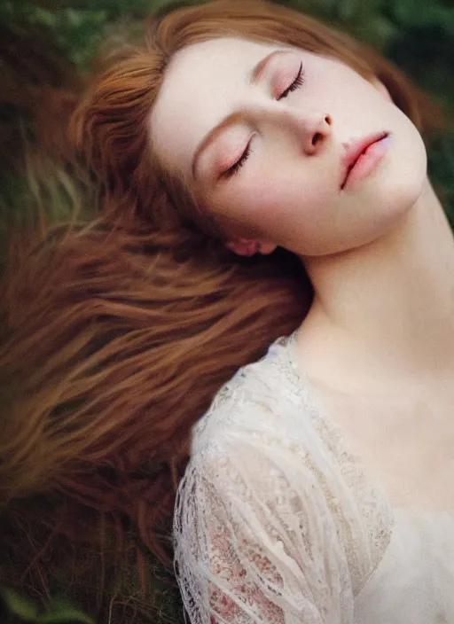 Image similar to Kodak Portra 400, 8K, soft light, volumetric lighting, highly detailed, britt marling style 3/4, Close-up portrait photography of a beautiful woman how pre-Raphaelites a woman with her eyes closed is surrounded by water, she has a beautiful lace dress and hair are intricate with highly detailed realistic beautiful flowers , Realistic, Refined, Highly Detailed, natural outdoor soft pastel lighting colors scheme, outdoor fine art photography, Hyper realistic, photo realistic