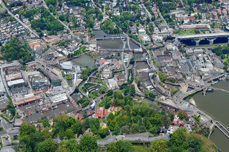 Image similar to bird's eye view photography of a small city. town hall, central farm, monorail station, inlet and shipping dock. hills, woods and pond to the north.