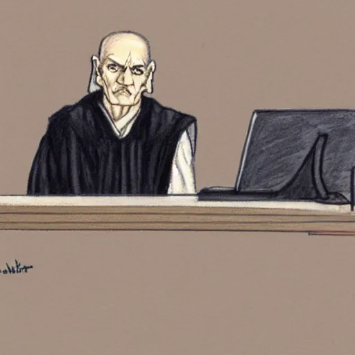 Prompt: courtroom sketch of emperor palpatine on trial