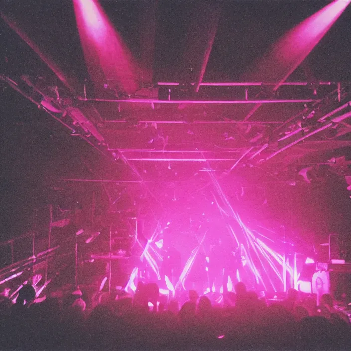 Prompt: concert stage, smoke machine, neon pink light, light beams, synthesizers and other instruments, dark silhouettes of band, seen from afar, 1 9 9 0 s album cover, superimposed images of woodwork tools, grainy