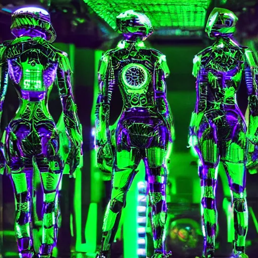 Prompt: love, diverse green cybersuits, from behind, connection rituals, wide wide angle, vivid, elaborate, highly detailed, beautiful lighting