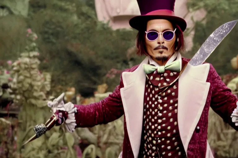 Prompt: cinematic still of johnny depp playing a whimsical character holding a large knife covered in dripping fudge in willy wonka & the chocolate factory film directed by tim burton, movie still, long lens, shallow depth of field, bokeh, anamorphic lens flare