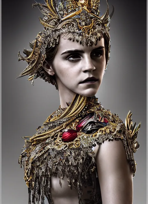 Image similar to expressive full body photo of a emma watson, ornate headpiece made from knives, ornaments, glamour shot, by karol bak, by stefan gesell, photorealistic, canon r 3, fashion photography, hyper maximalist, elegant, ornate, luxury, elite, environmental portrait, symmetrical features, octane render, unreal engine, solid dark grey background, dramatic lights