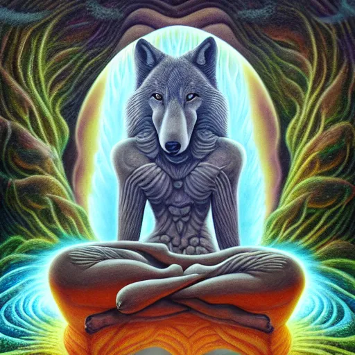 Prompt: an anthromorphic wolf meditating in a zen garden with a waterfall, by Adi granov and afarin sajedi and amanda sage and evgeni gordiets and Agostino Arrivabene in a psychedelic portrait style, ultrarealistic matte painting, volumetric lighting, fractal, extremely symmetrical, highly detailed face, orisha, 8k, hd