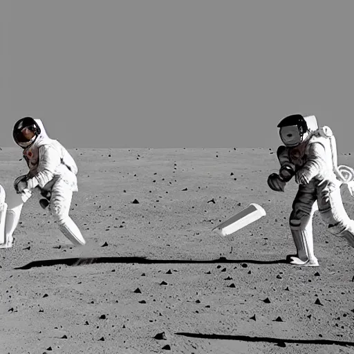 Prompt: a team of astronauts playing cricket on the moon. low gravity environment