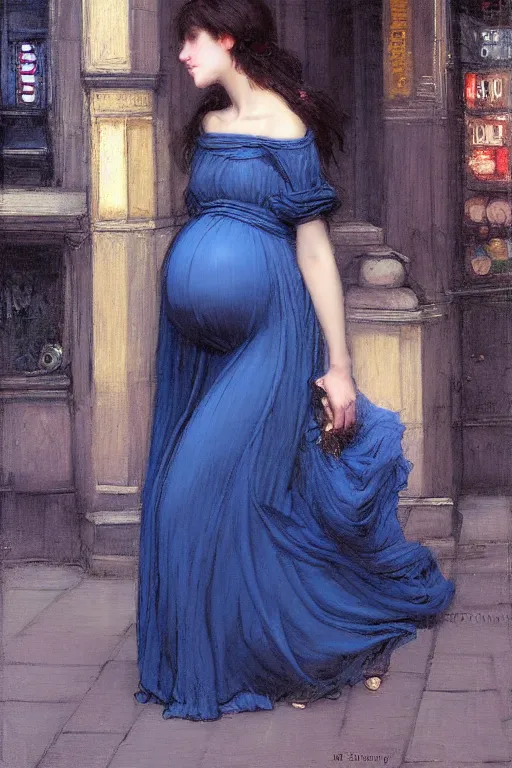 Image similar to pregnant woman in a small blue dress on night street, highly detailed, sharp focused, ultra realistic digital concept art by John William Waterhouse