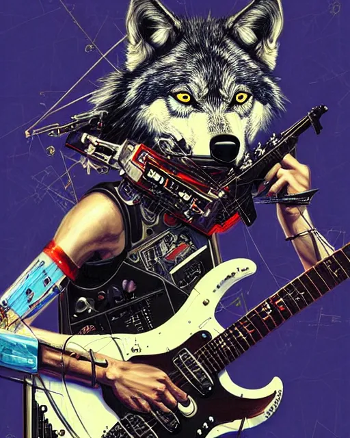 Image similar to a portrait of an anthropomorphic cyberpunk wolf shredding an electric guitar by sandra chevrier, by jon foster, detailed render, tape deck, epic composition, cybernetics, 4 k realistic, cryengine, realistic shaded lighting, sharp focus, masterpiece, by enki bilal