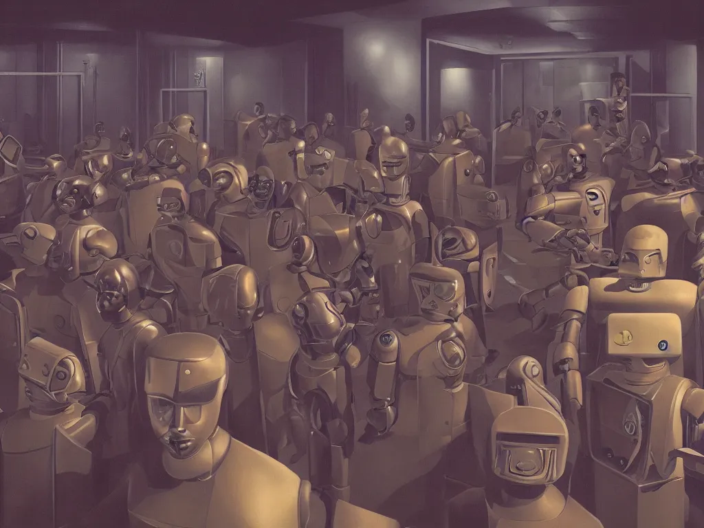 Prompt: authoritarian robot cops herd young men into security cells in a fascist police state, art by manuel sanjuian and george tooker and james paick, cinematic, spooky science fiction, digital illustration, 8 k resolution, hyperrealism