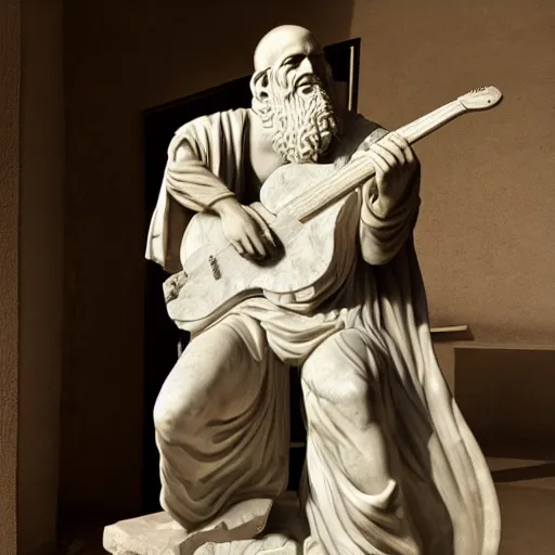 Image similar to epic greek marble statue of a bald man with a long beard, playing a guitar, photo, chiaroscuro