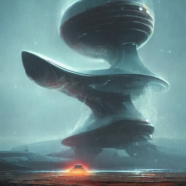 Prompt: mechanical nautilus spaceship dripping wet emerging from a the ocean blast off, sci - fi concept art, by john harris, by simon stalenhag, stunning, award winning