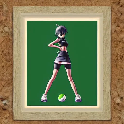 Image similar to shirt art, frame around picture, manga style, realistic lighting, futuristic solid colors, made by ilya kuvshinov, sold on sukebannyc, from arknights, female beach volley player, elegant, round eyes, sport clothing, sneaker shoes, simple green background