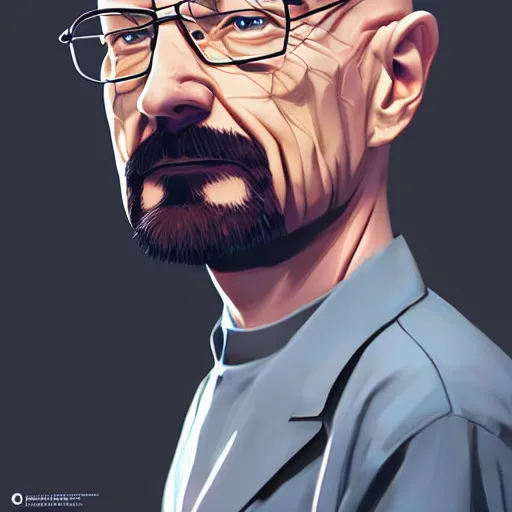 Image similar to Walter White anime portrait, mattepainting concept pixar maya engine on stylized background splash comics global illumination lighting artstation lois van baarle, ilya kuvshinov, rossdraws