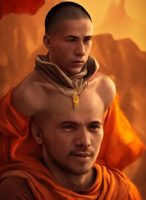 Image similar to A fantasy comic book style portrait painting of a male Monk, unreal 5, DAZ, hyperrealistic, octane render, RPG portrait, dynamic lighting