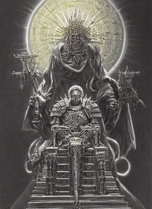 Prompt: omnious academic drawing of wh40k lichified but still regal Emperor of Mankind on his enormous golden throne by James Gurney, Beksinski and Alex Gray