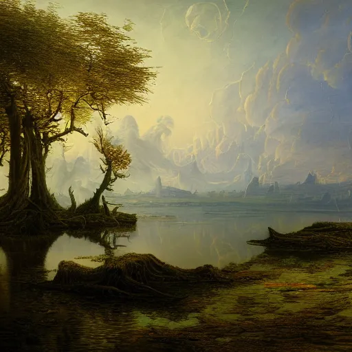 Image similar to an ethereal intricate and fantastically horrifying hyperdetailed painting of a lake by darrell bush, zaria forman, maxim grunin, carina francioso, jan van goyen, and caspar david friedrich 8 k resolution