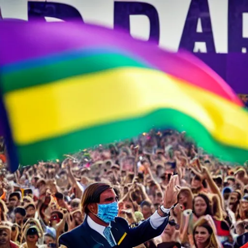 Prompt: photograph of president jair bolsonaro waving a rainbow flag at a pride parade