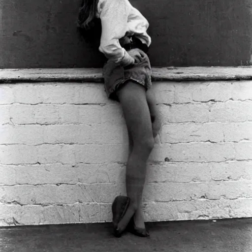 Image similar to James Dean as a girl, leaning against a wall in the 1950s