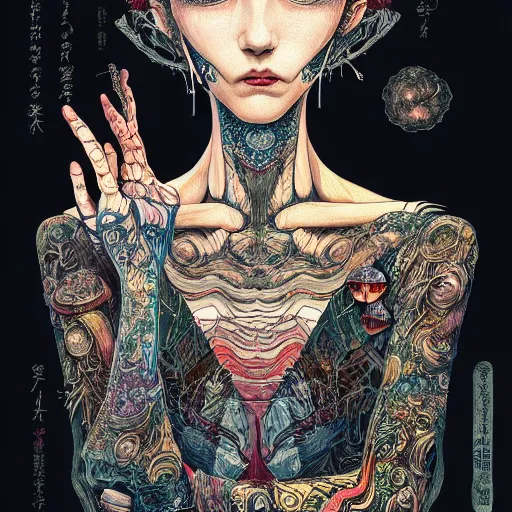 Image similar to beautiful portrait painted in jacek yerka and aykut aydogdu style drawn by vania zouravliov and takato yamamoto, inspired by cyberpunk, intricate acrylic gouache painting, high detail, sharp high detail, artstation, manga and anime