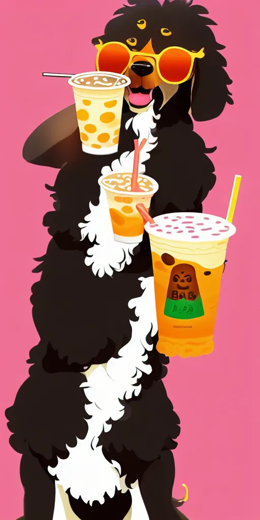 Prompt: a bernedoodle drinking boba tea, digital art, wallpaper, highly detailed, trending on artstation.