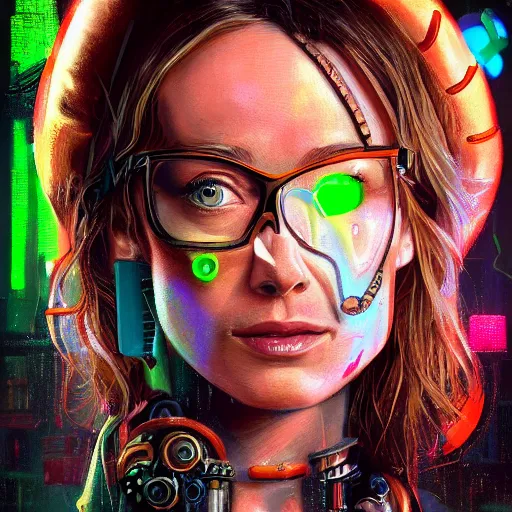 Image similar to close up portrait of olivia wilde as sherlock Holmes with has an epic idea, pixar style, stylized face, intricate detail, digital painting, gears, watches, steampunk, glowing orange eyes, biomechanical, neon colors, cyberpunk, trash polka, raining, faded green, particles floating, industrial background by marc simonetti + wlop, artwork by ross tran + ramond swanland + liam wong +mike winklemann + wlop