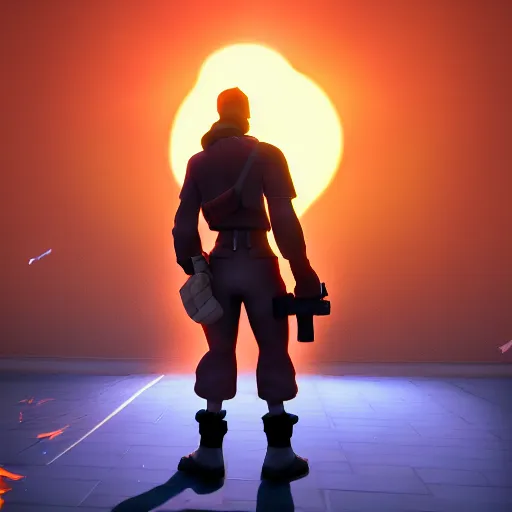 Image similar to Soldier from Team Fortress 2 in front of the sun, cinematic, 8k