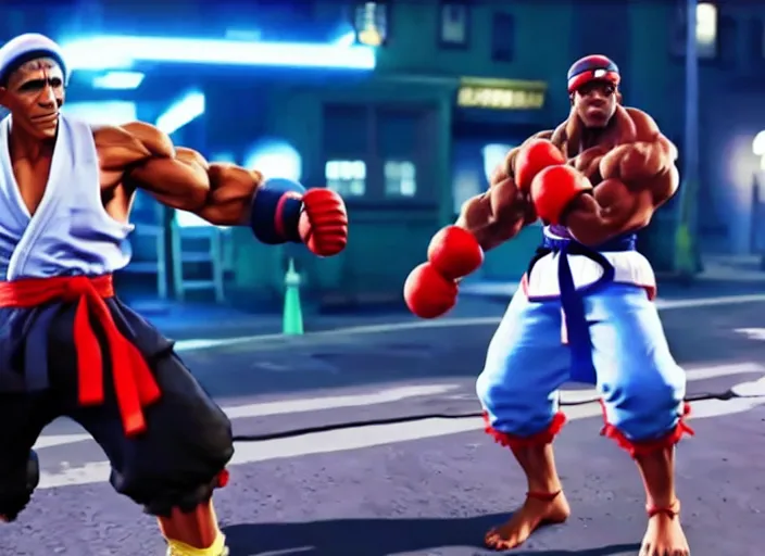 Image similar to ` barrack obama in street fighter v ( 2 0 1 7 ), dynamic pose, official media, ps 4 in - game cinematic, 5 k