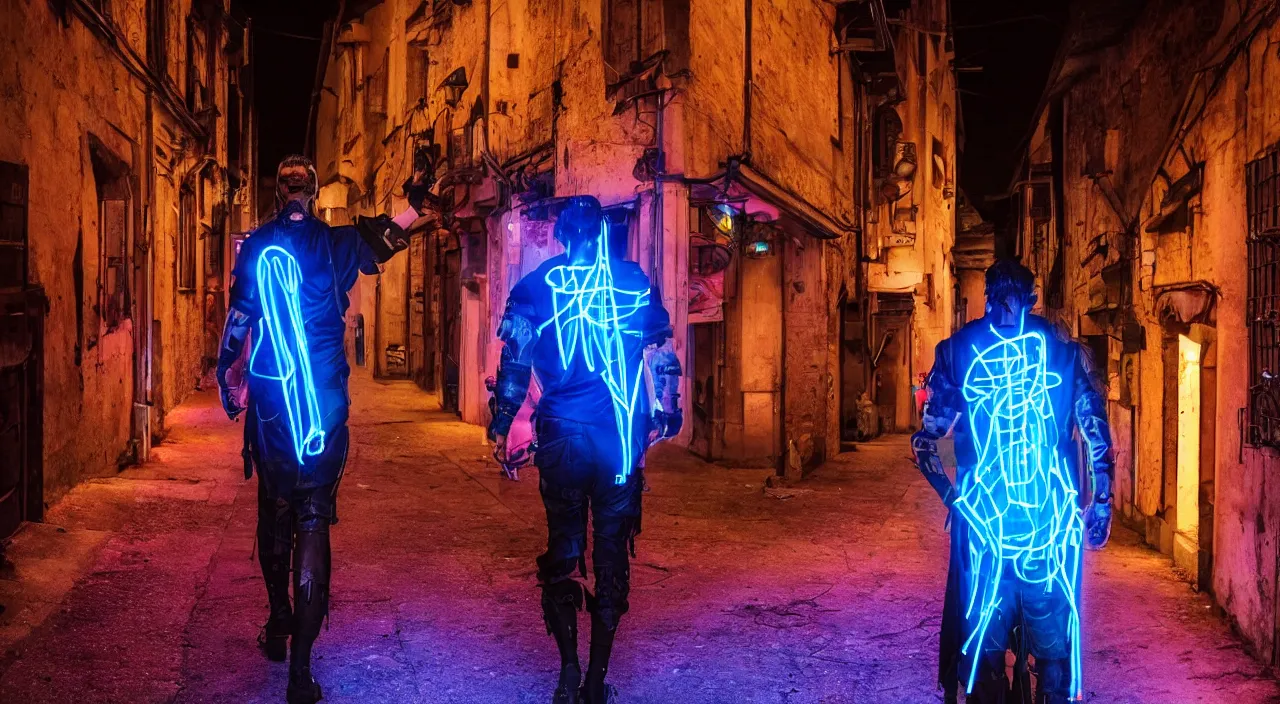 Image similar to a photo of a cyberpunk man walking in a medival village, the photo was taken from the ground looking up at the man's back, the man has glowing neon pink and blue lights on his back, ultra high detail.