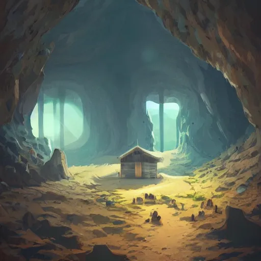 Prompt: cabin in a cave, artstation, digital art, felix Kelly