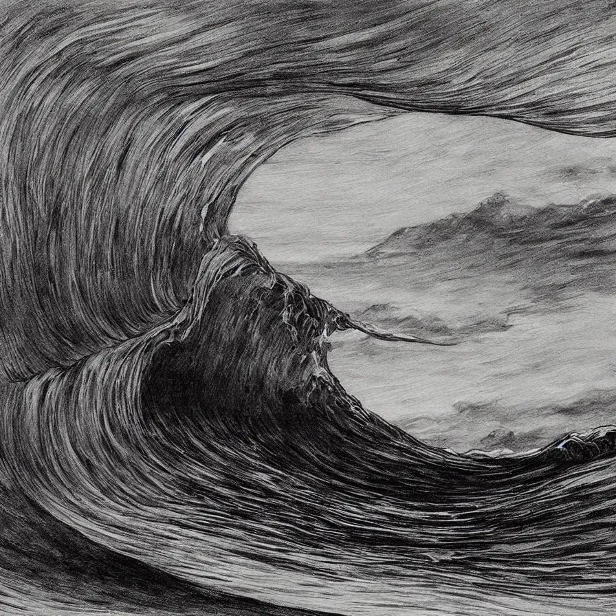 Image similar to an beautiful painting of one single hawaiian wave painted by albrecht durer, monochromatic color scheme, high detail, breathtaking wave, lineart!, line art, soft colors, simplicity, charcoal drawing