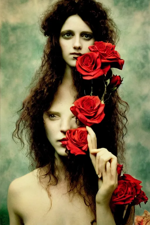 Prompt: pre-raphaelite heavy metal girl with dark hair and roses in the background, blurred detail, photo by Annie Leibovitz, 80's