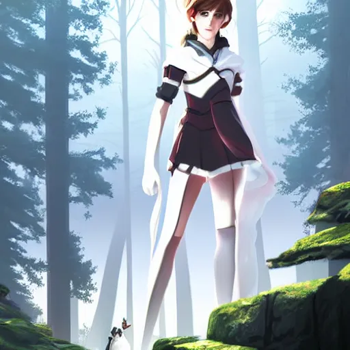 Image similar to emma watson as weiss schnee from rwby by ross draws, forest background by ilya kuvshinov, digital anime art by ross tran, composition by sana takeda, lighting by greg rutkowski