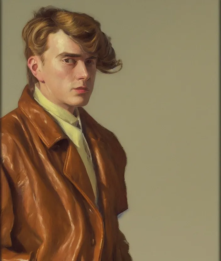 Image similar to a very detailed portrait of a man wearing an 8 0 s jacket with big shoulder pads, very aesthetic leather jacket, detailed closeup of leather jacket, front view, in the style of edward hopper and oswald hornby joseph birley and susan ryder, very small brushstrokes, 4 k,