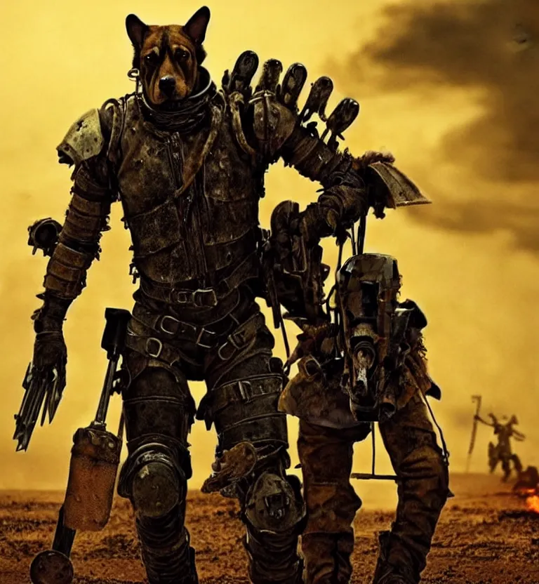 Image similar to a good ol'hound dog fursona ( from the furry fandom ), heavily armed and armored facing down armageddon in a dark and gritty version from the makers of mad max : fury road. witness me.