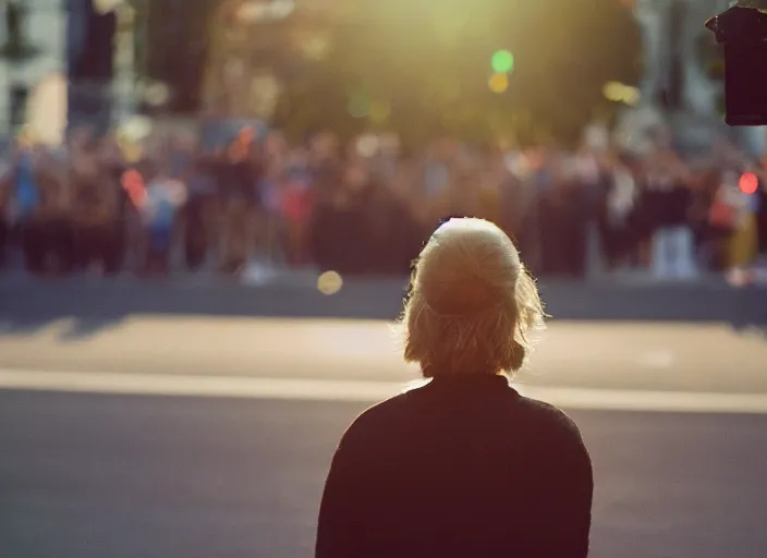 Prompt: a 3 5 mm photo from the back of a woman watching a parade, splash art, movie still, bokeh, canon 5 0 mm, cinematic lighting, dramatic, film, photography, golden hour, depth of field, award - winning, anamorphic lens flare, 8 k, hyper detailed, 3 5 mm film grain