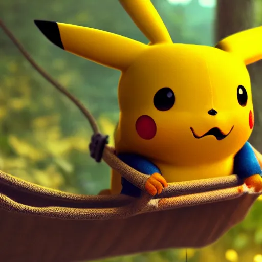 Prompt: pikachu in a hammock, cinematic, cinematic lighting, trending on Artstation, Cgsociety, detailed, 4k, very realistic