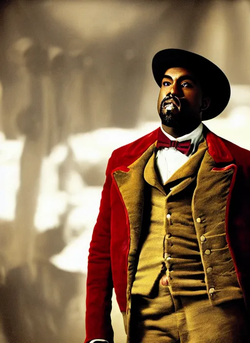 Image similar to portrait kanye west as willy wonka in django unchained, splash art, movie still, cinematic lighting, long lens, shallow depth of field, bokeh, anamorphic lens flare, 8 k, hyper detailed, 3 5 mm film grain