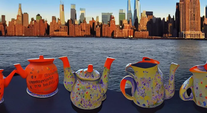 Prompt: a giant teapot made of fingers, in front of new york skyline