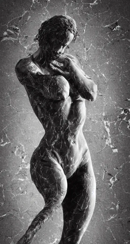 Image similar to realistic digital painting of a stunning intricate cracked black marble falling african american angel body sculpture, white tone background, trending on artstation, hyperrealism, matte painting, subsurface scattering