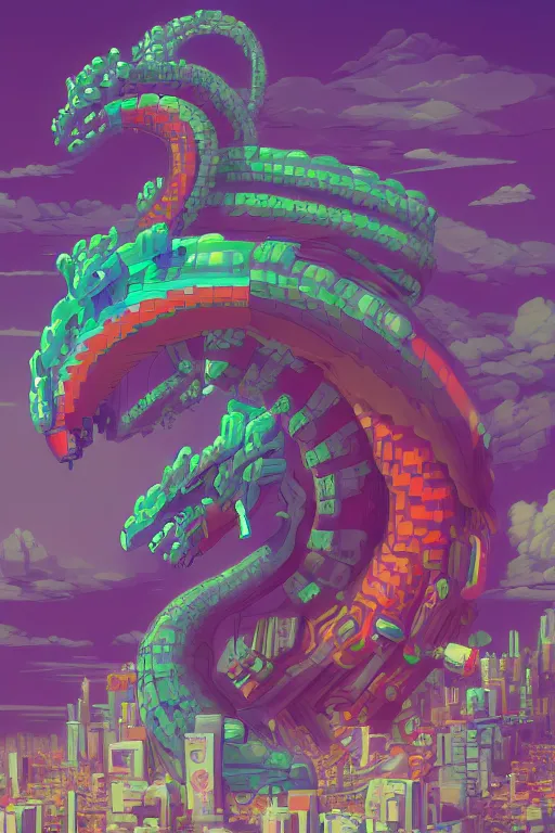 Image similar to A beautiful painting of quetzalcoatl in cyberpunk gotic style, pixelart by Studio Ghibli and Moebius, octane render, zbrush, extremely detailed, pastel colors, trending on artstation