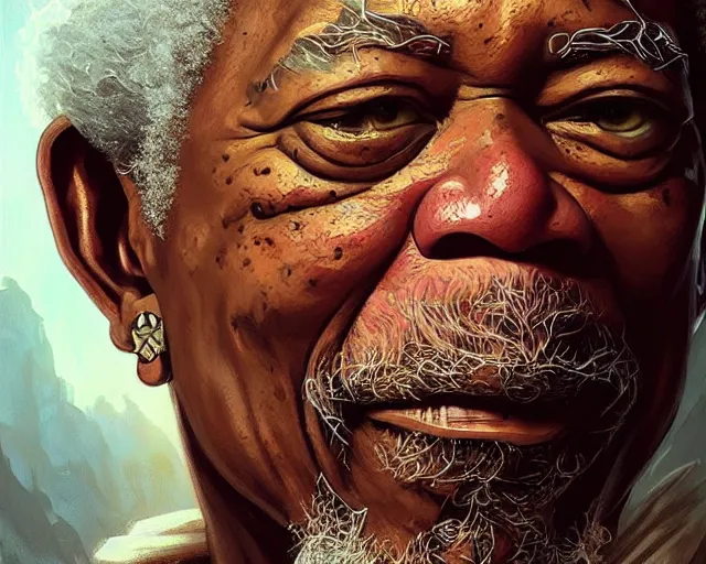 Image similar to morgan freeman as a pirate, deep focus, d & d, fantasy, intricate, elegant, highly detailed, digital painting, artstation, concept art, matte, sharp focus, illustration, hearthstone, art by artgerm and greg rutkowski and alphonse mucha