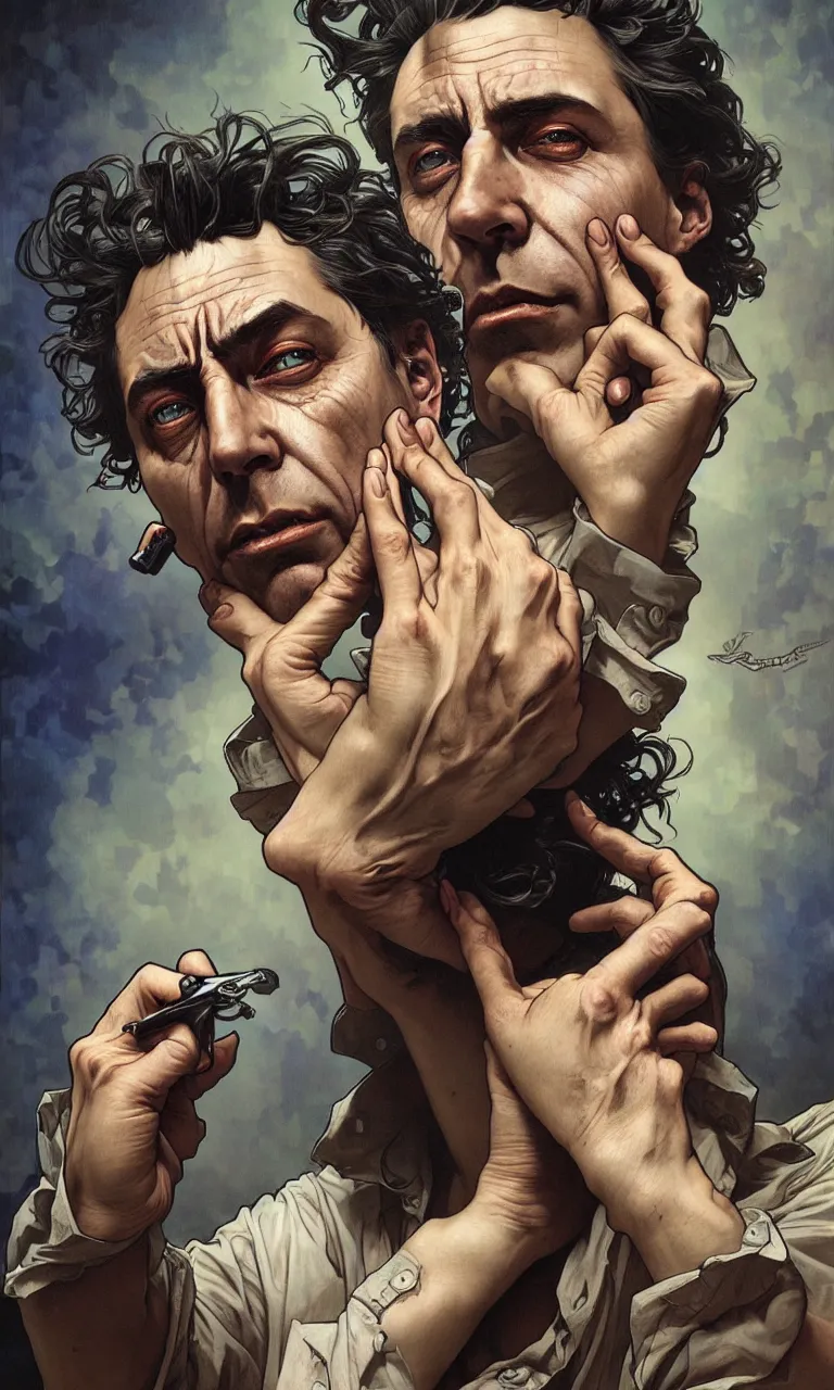 Image similar to hyper realistic portrait of rick sanchez by lee bermejo, alphonse mucha and greg rutkowski