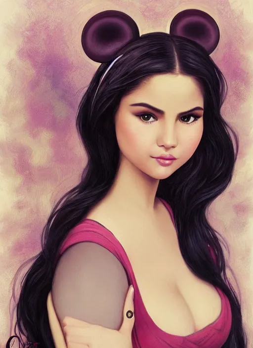 Prompt: beautiful thirty year old woman with long black hair, tan skin, curvy hourglass figure, round cute face, slightly resembles selena gomez wearing a colorful disney princess gown with mickey mouse ears headband sitting in an armchair. beautiful painting by lois van baarle and artgerm and bouguereau