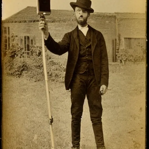 Image similar to selfie taken in 1 8 8 0 with a selfie stick