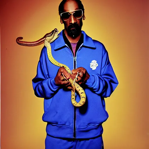 Prompt: Snoop Dogg holding a snake for a 1990s sitcom tv show, Studio Photograph, portrait, C 12.0