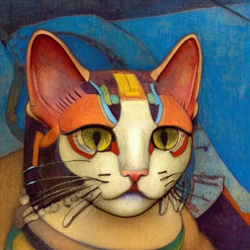 Image similar to masterpiece painting of a mechanical cloisonne cat head sculpture, by annie swynnerton and and diego rivera and nicholas roerich and jean delville, spacecat, symbolist, dramatic lighting, god rays, art brut, rich colors, smooth, sharp focus, extremely detailed, adolf wolfli and ( donato giancola and bilibin )