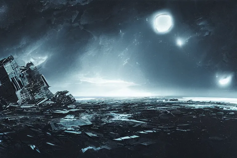 Prompt: matte painting of a destroyed spaceship wreck floating alone in the black deep space and losing parts