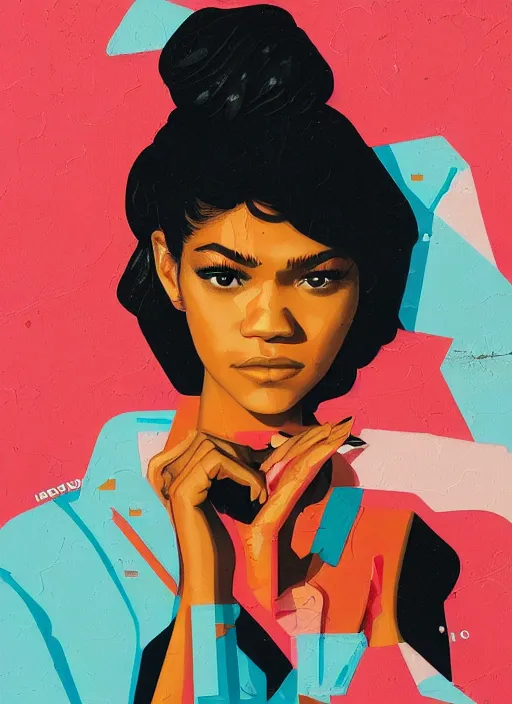 Image similar to Zendaya in Euphoria by Sachin Teng x Supreme :5 attractive, stylish, designer , asymmetrical, Matte Painting , geometric shapes, hard edges, graffiti, street art:2 Masterpiece, impressive detail, colorful, by Sachin Teng:4